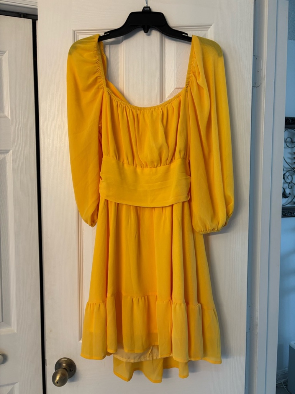 Yellow Puff-Sleeve Waistband Dress